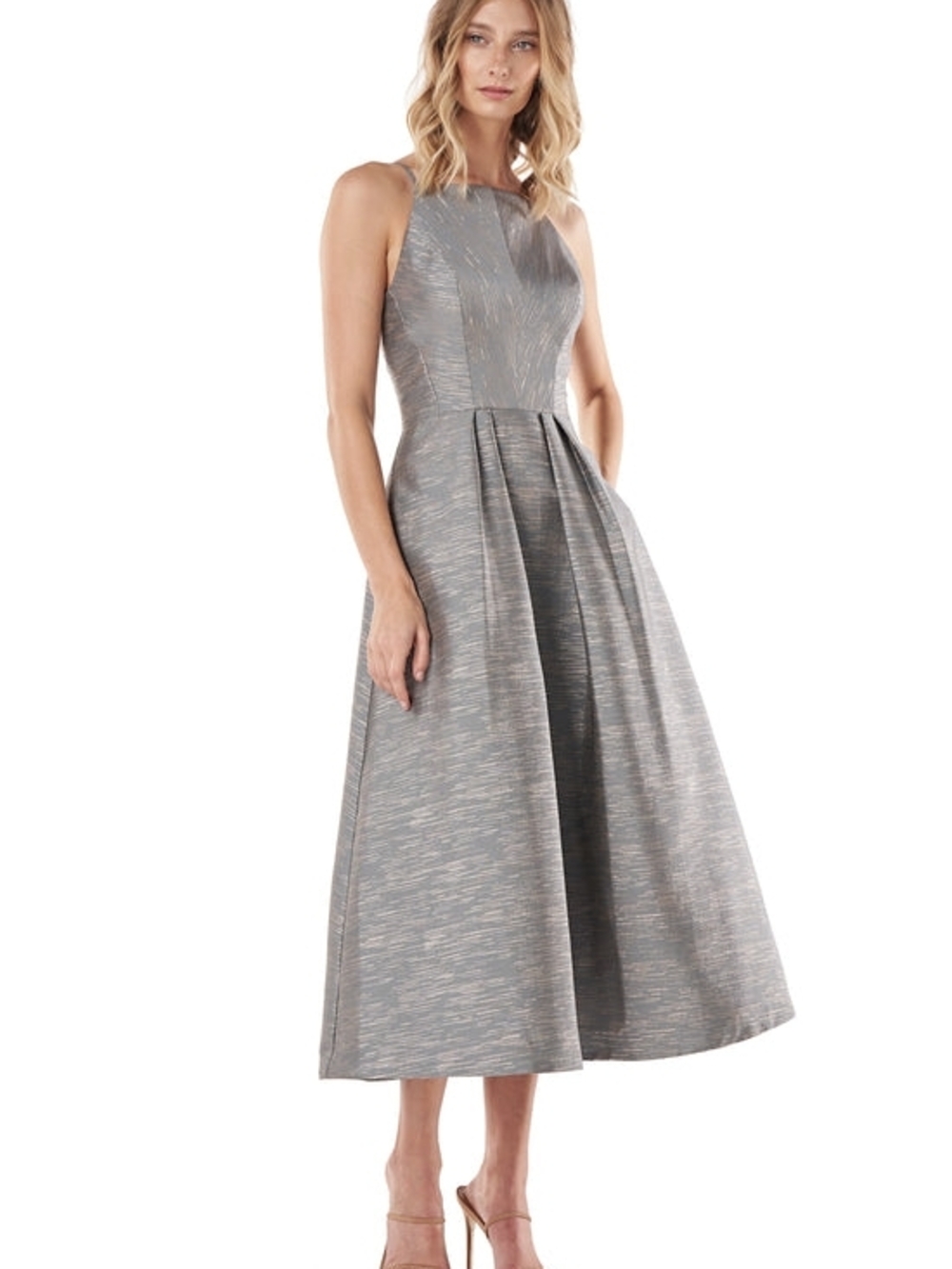 Kay Unger Silver Textured Halter Midi Dress Size 14